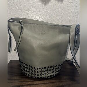 Coach Sage Green Leather Studded Bucket Shoulder Bag | Grommet Detail